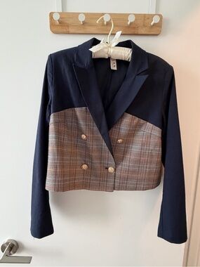 dolan Navy and Brown Plaid Cropped Double-Breasted Blazer